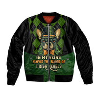 Black bomber jacket with green diamond pattern; front pug face graphic, zipper and text