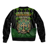 Black bomber jacket with green diamond pattern; back crest and Irish rebel graphic