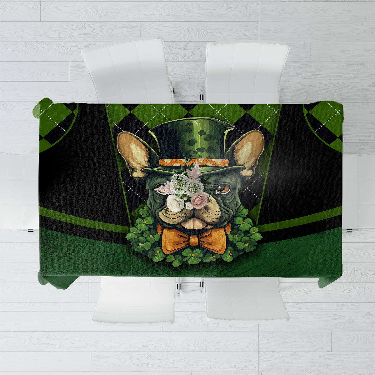 Green and black patterned tablecloth with rabbit portrait and clover-style accents