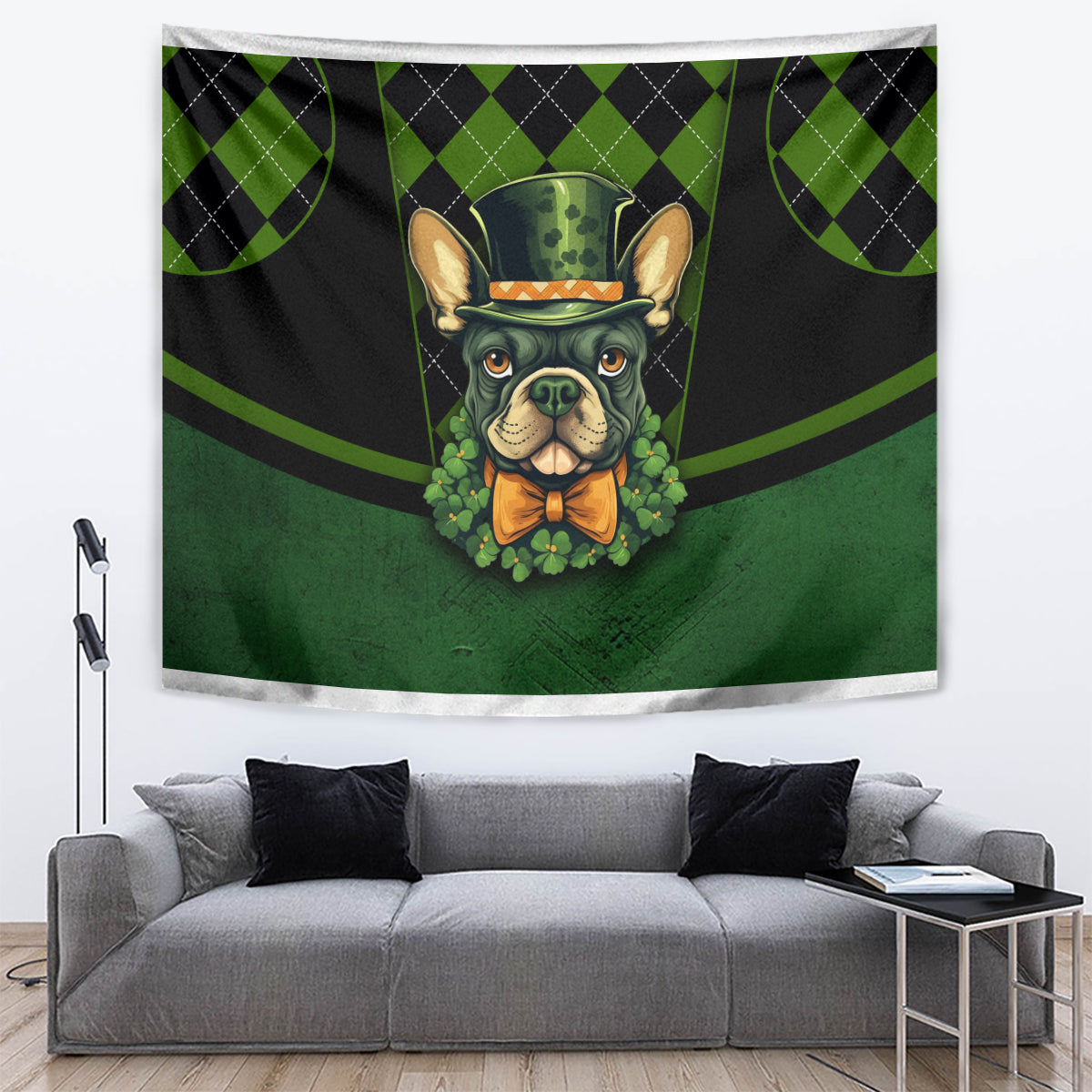 Green and black dog-head tapestry with green cap and clover accents