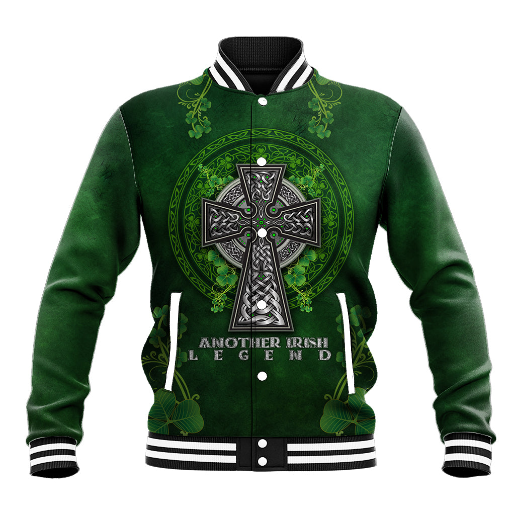 Green baseball jacket with front Celtic cross, shamrock floral graphic and snap buttons