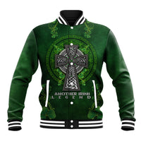Green baseball jacket with front Celtic cross, shamrock floral graphic and snap buttons