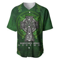 Green V-neck baseball jersey with large Celtic cross graphic and shamrock pattern