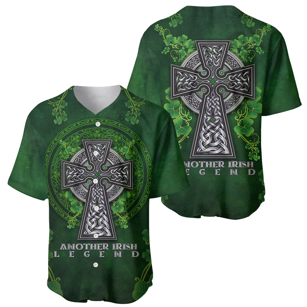 Two green baseball jerseys with Celtic cross and shamrock floral prints