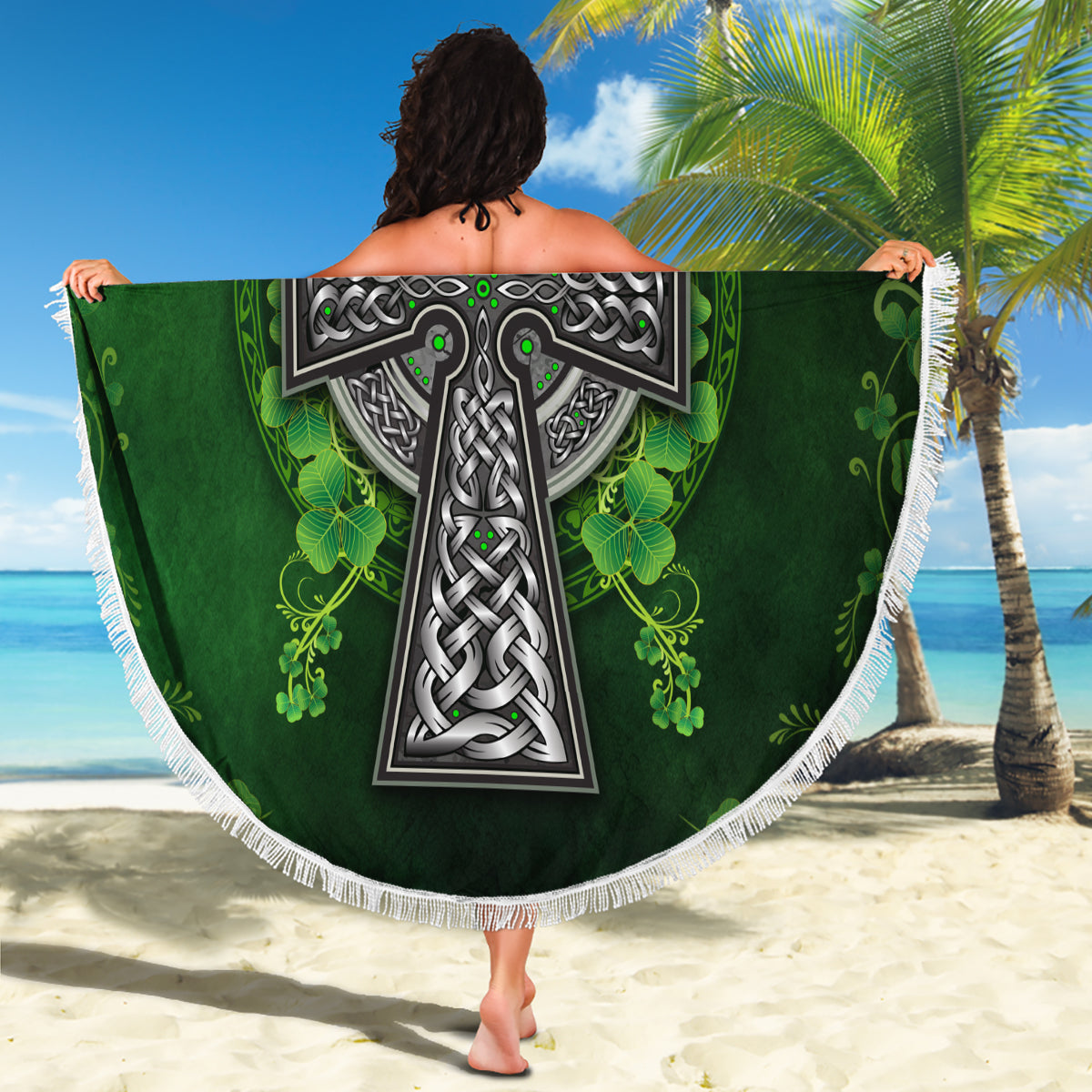 Round green beach blanket held up: Celtic cross with shamrock floral, white fringe border