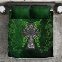 Green bedding set with Celtic cross and shamrock floral design, matching pillowcases