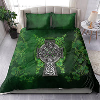 Green duvet and pillow set with Celtic cross, shamrock floral pattern on front