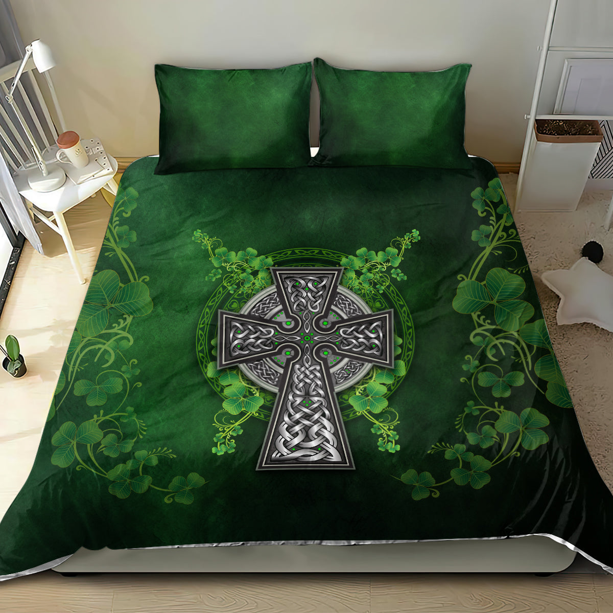 Green shamrock floral bedding with Celtic cross emblem, two matching pillowcases