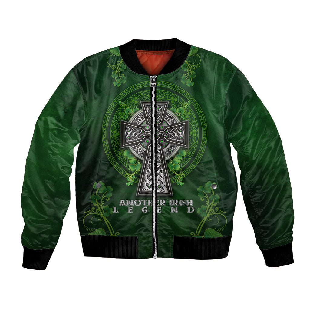 Green satin bomber jacket front view, Celtic cross emblem with zipper and ribbed hem