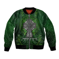 Green satin bomber jacket front view, Celtic cross emblem with zipper and ribbed hem