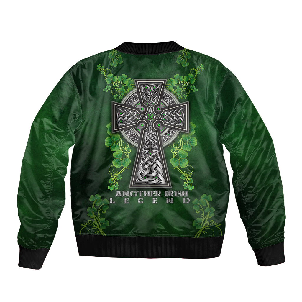 Green satin bomber jacket with Celtic cross and shamrock floral embroidery, ribbed cuffs