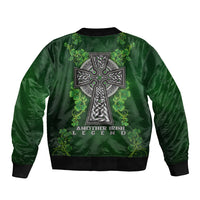 Green satin bomber jacket with Celtic cross and shamrock floral embroidery, ribbed cuffs
