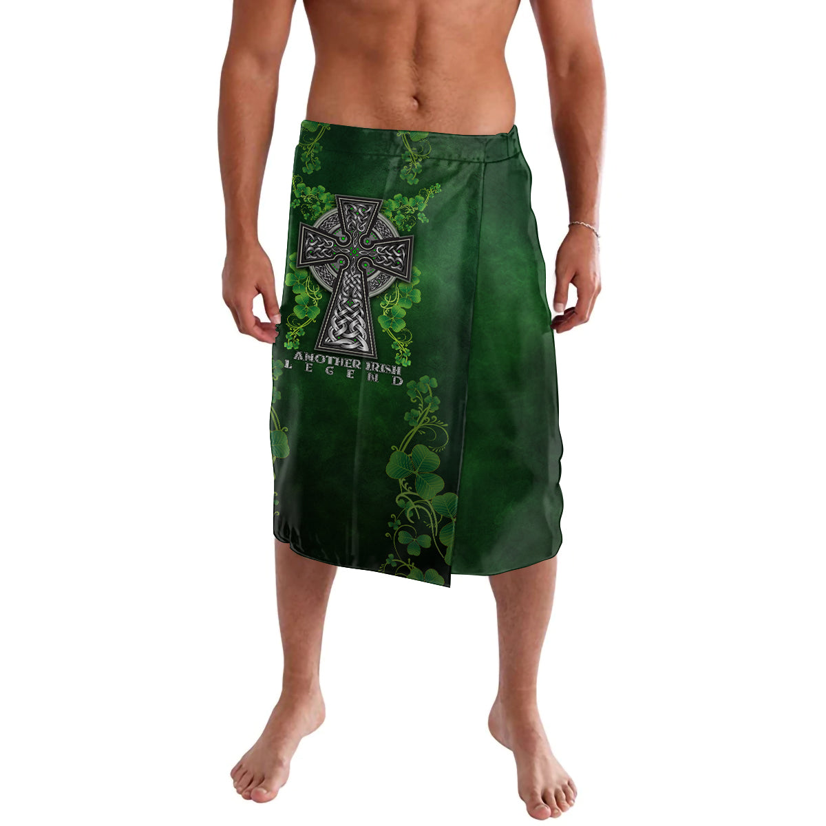 Green lavalava skirt with large Celtic cross and shamrock floral print
