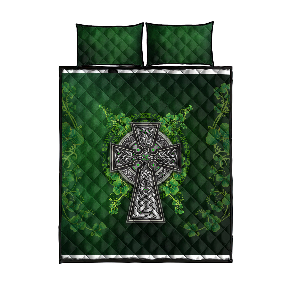 Green quilt set with large celtic cross and shamrock leaf pattern, two matching shams