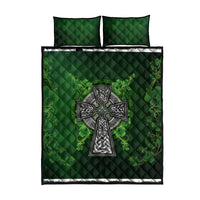 Green quilt set with large celtic cross and shamrock leaf pattern, two matching shams