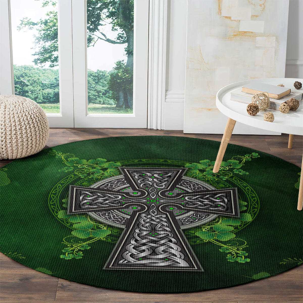 Round green rug with gray Celtic cross motif and shamrock floral ring