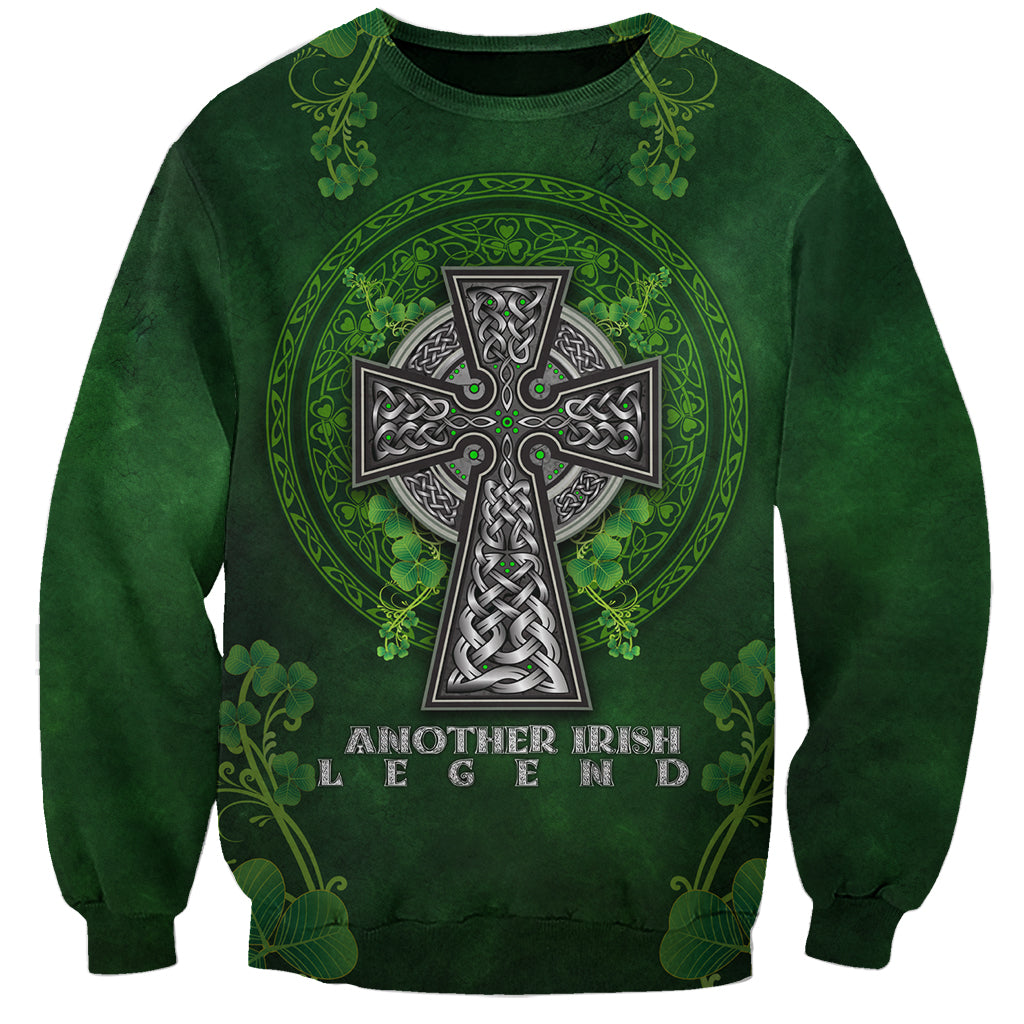 Green crewneck sweatshirt with Celtic cross, shamrock floral ring, and 'Another Irish Legend' text