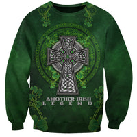 Green crewneck sweatshirt with Celtic cross, shamrock floral ring, and 'Another Irish Legend' text