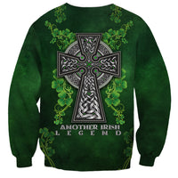 Green crewneck sweatshirt with Celtic cross and shamrock floral print, 'Another Irish Legend'