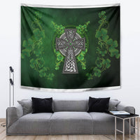 Irish cross tapestry with green shamrock floral vines and hanging cross design, multicolor accents