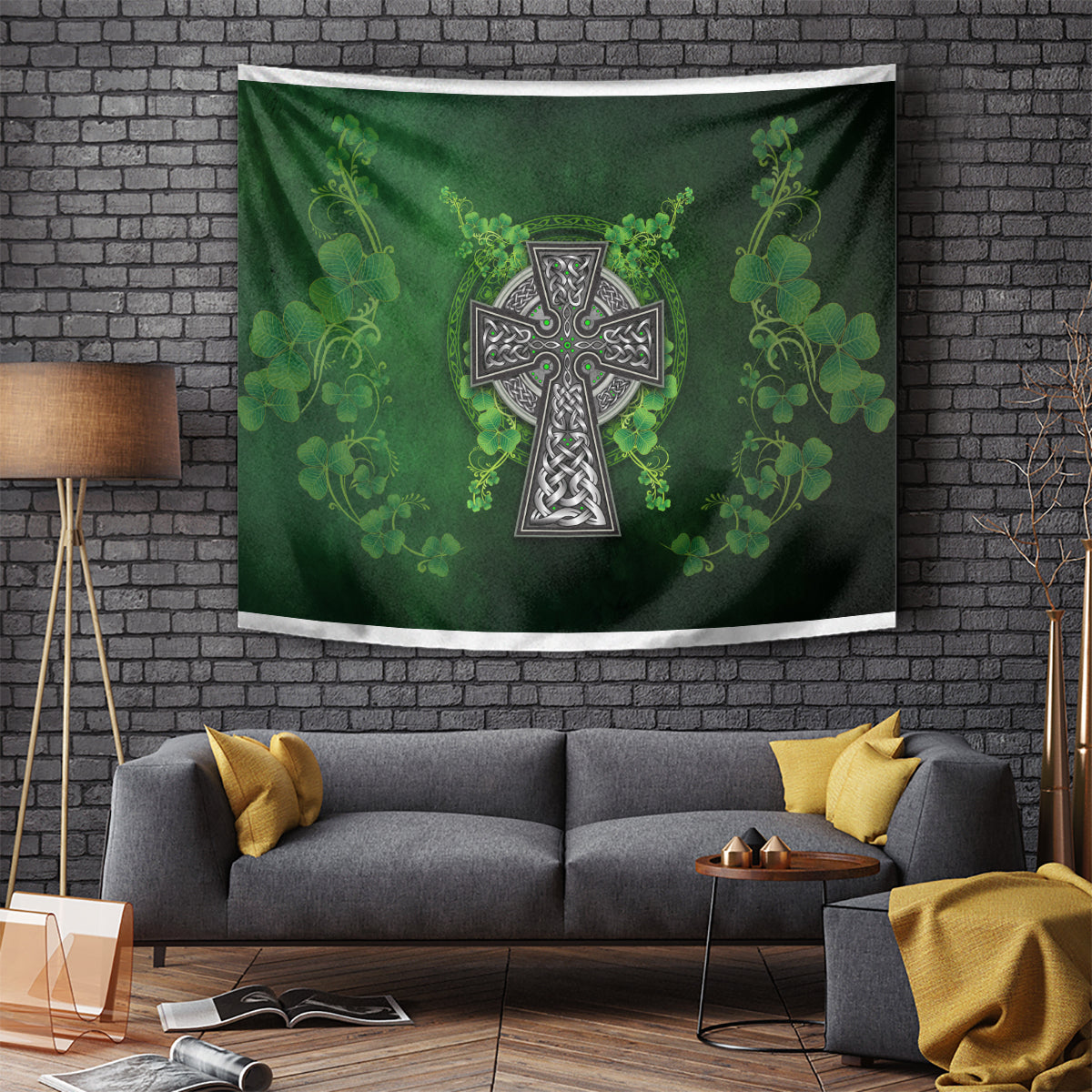 Hanging wall tapestry featuring a green shamrock vine border and central Celtic cross ornament