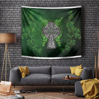 Hanging wall tapestry featuring a green shamrock vine border and central Celtic cross ornament