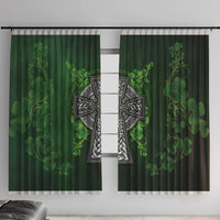 Pair of green window curtains with large Celtic cross and clover floral pattern