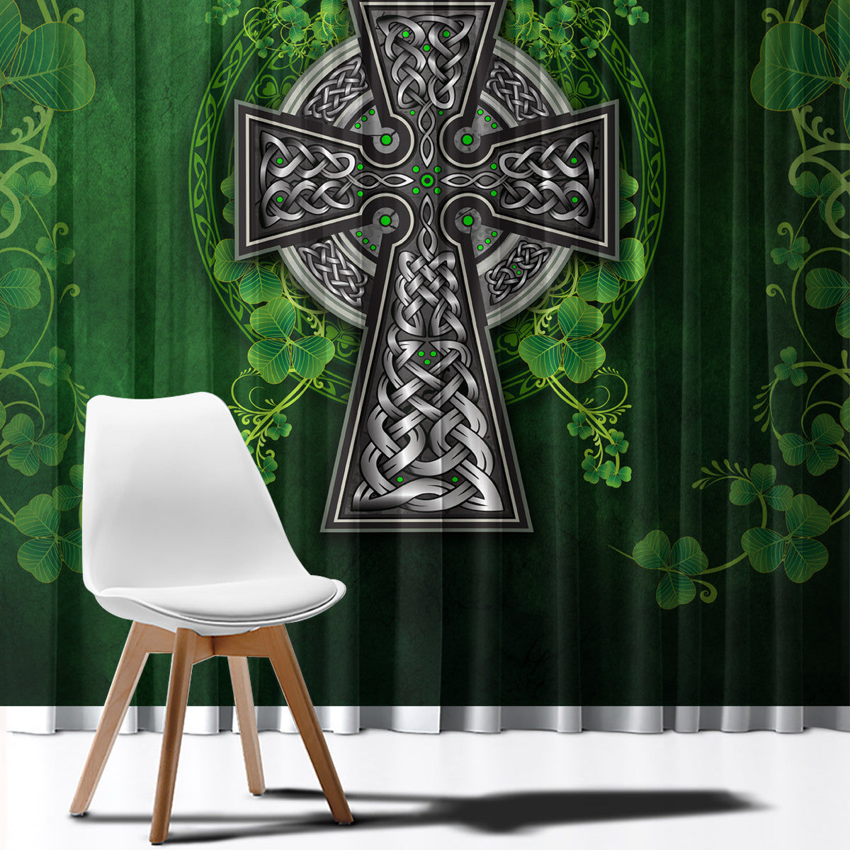 Close-up view of green curtain fabric with Celtic cross and bright clover floral details