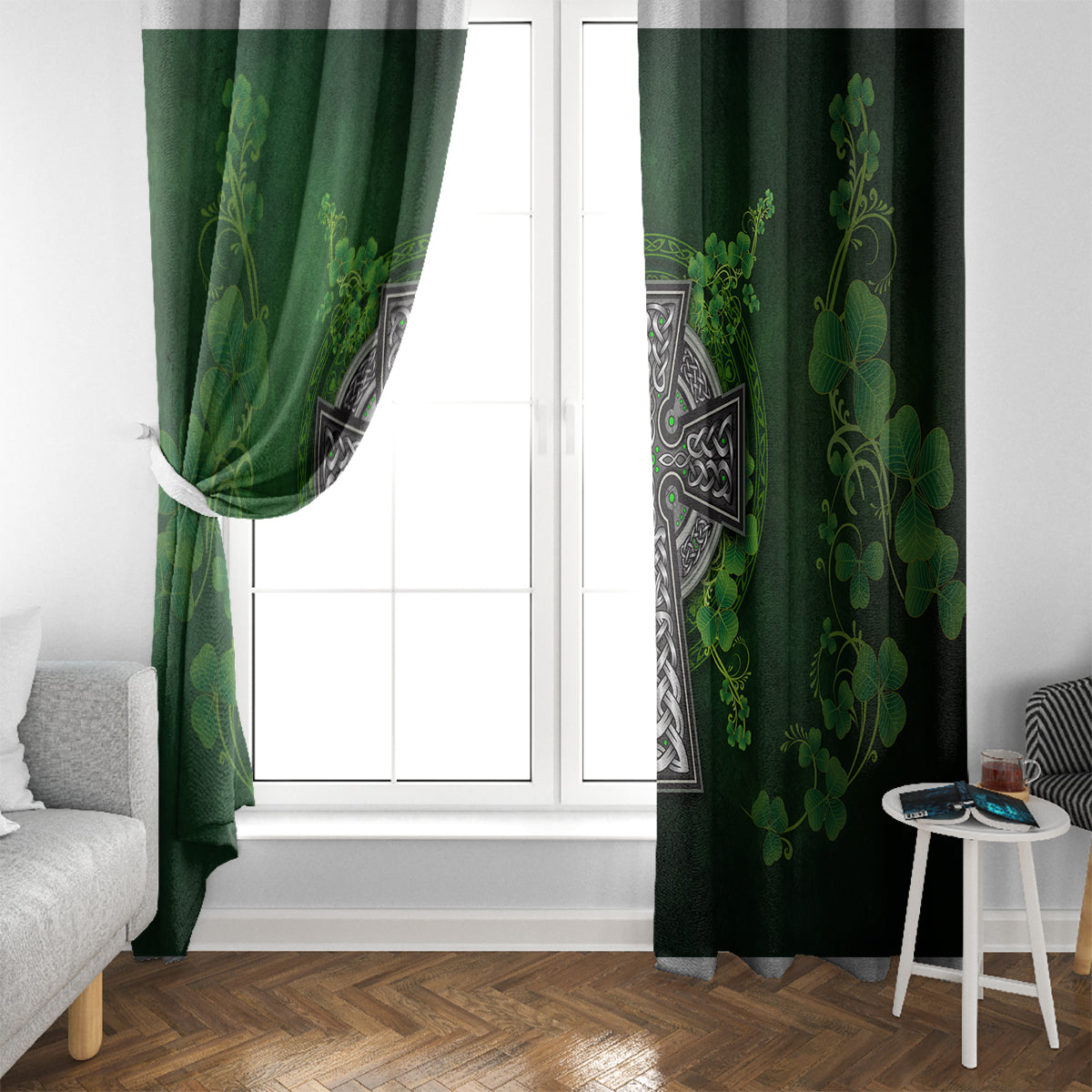 Green window curtains with Celtic cross panel and clover-leaf pattern framing a doorway