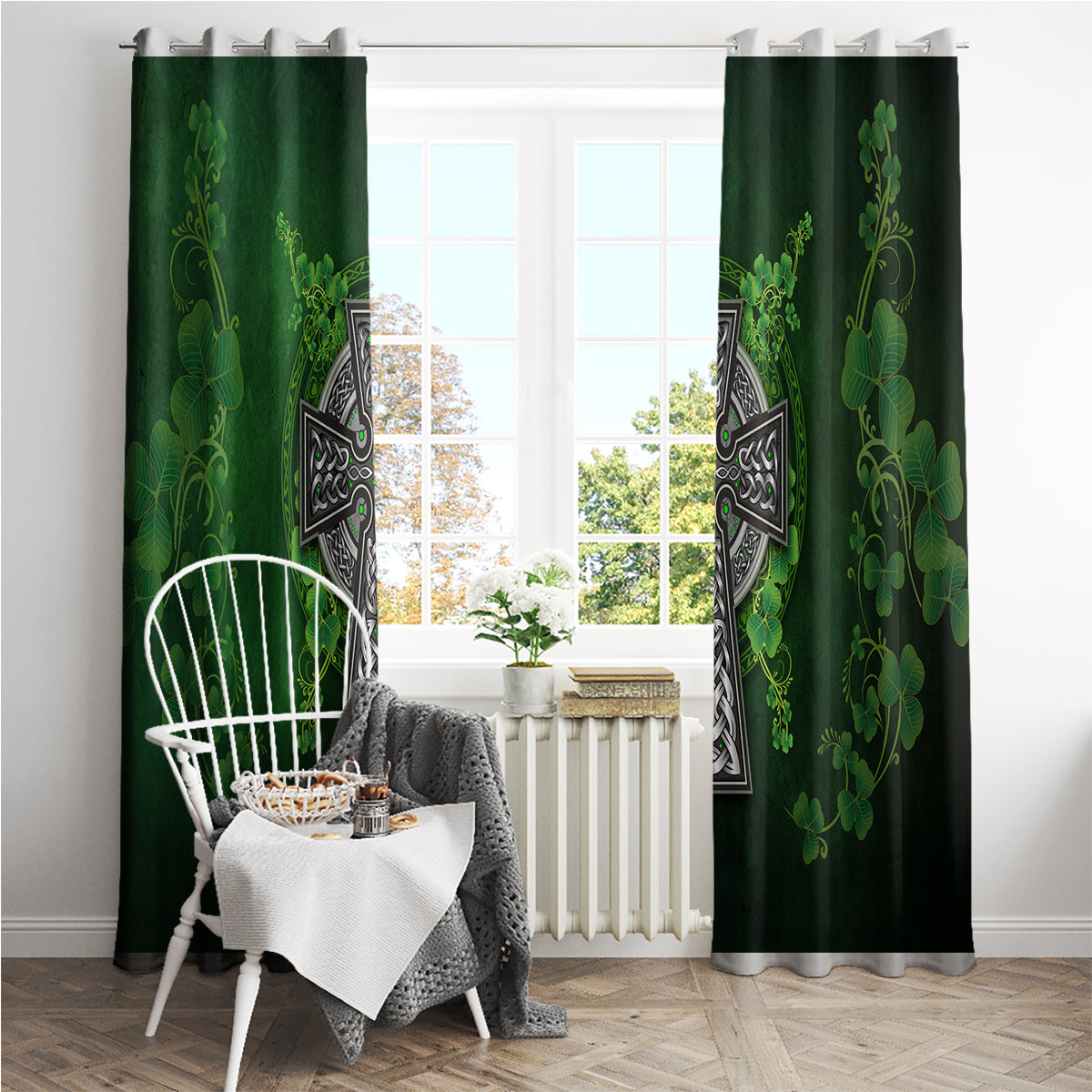Tall green curtain panels with Celtic cross graphics and repeating clover-leaf pattern