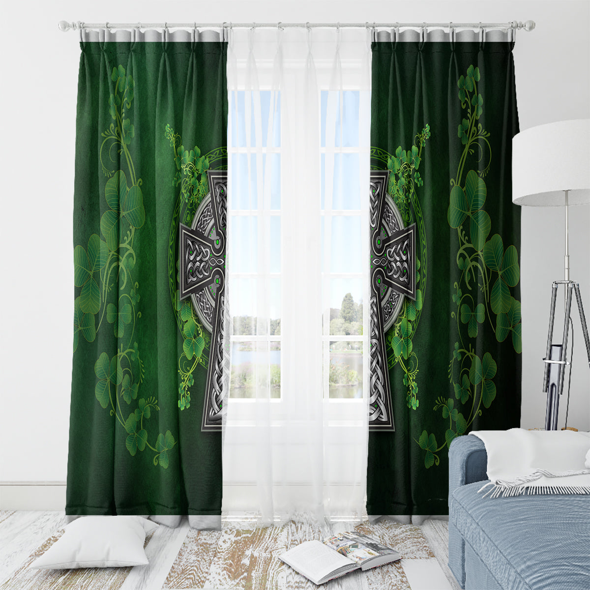 Green window curtain panels with Celtic cross and clover floral motifs, drawn over window
