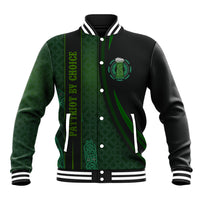 Green and black baseball jacket with button front, vertical stripe, Celtic beer cup chest logo