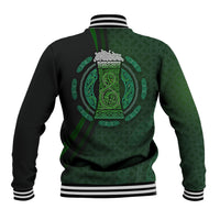 Green and black varsity baseball jacket with Celtic circular beer cup print, ribbed striped trim