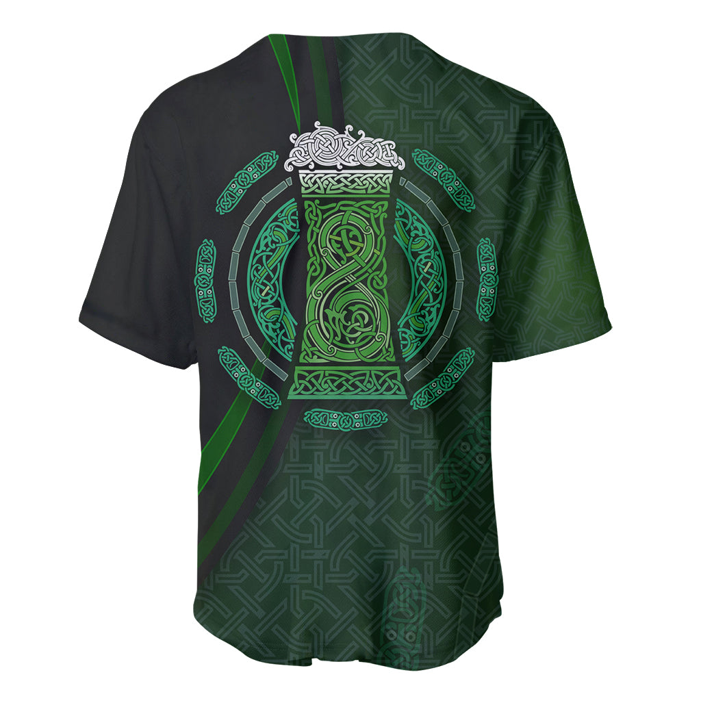 Green and black baseball jersey with large Celtic circle back graphic