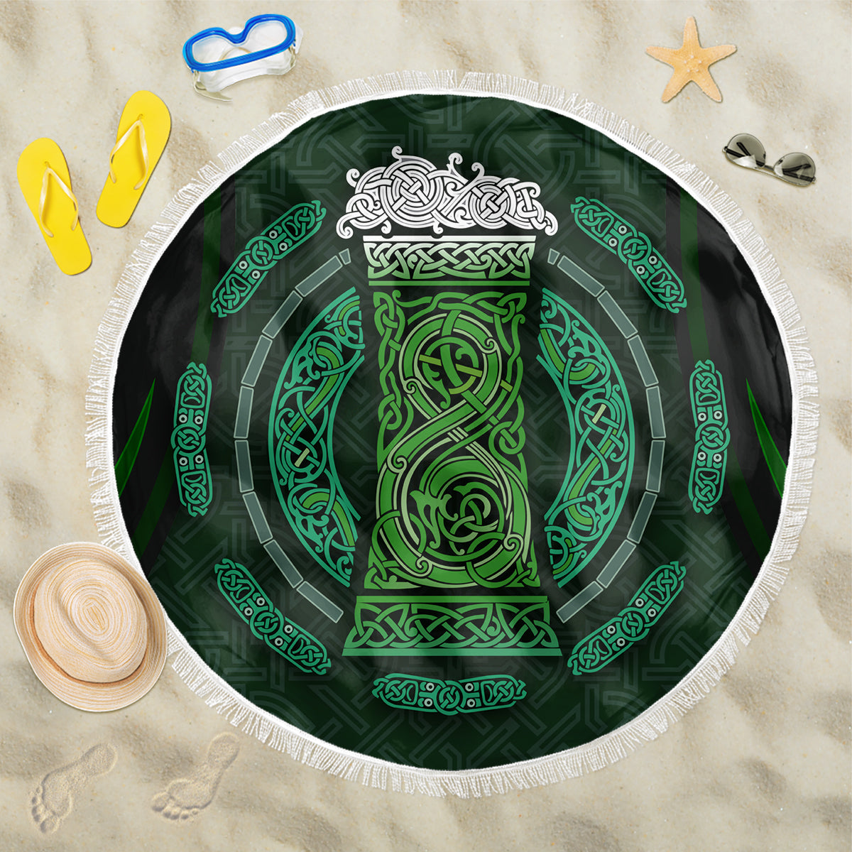 Round green beach blanket with white fringe and Celtic circle knot pattern center