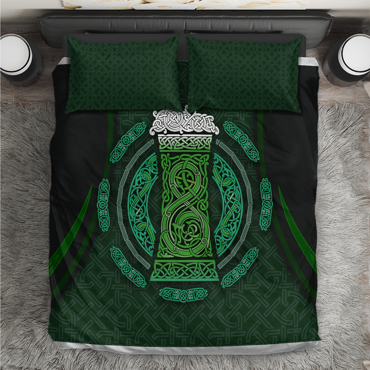 Black and green bedding set with large Celtic circle beer cup graphic and two pillowcases