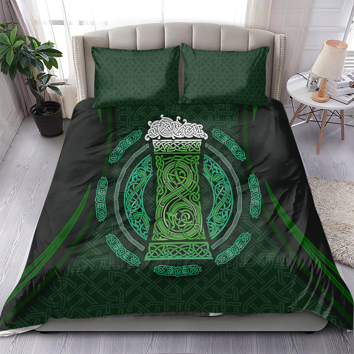 Black bedding set with central green Celtic circle beer cup print and two matching pillowcases