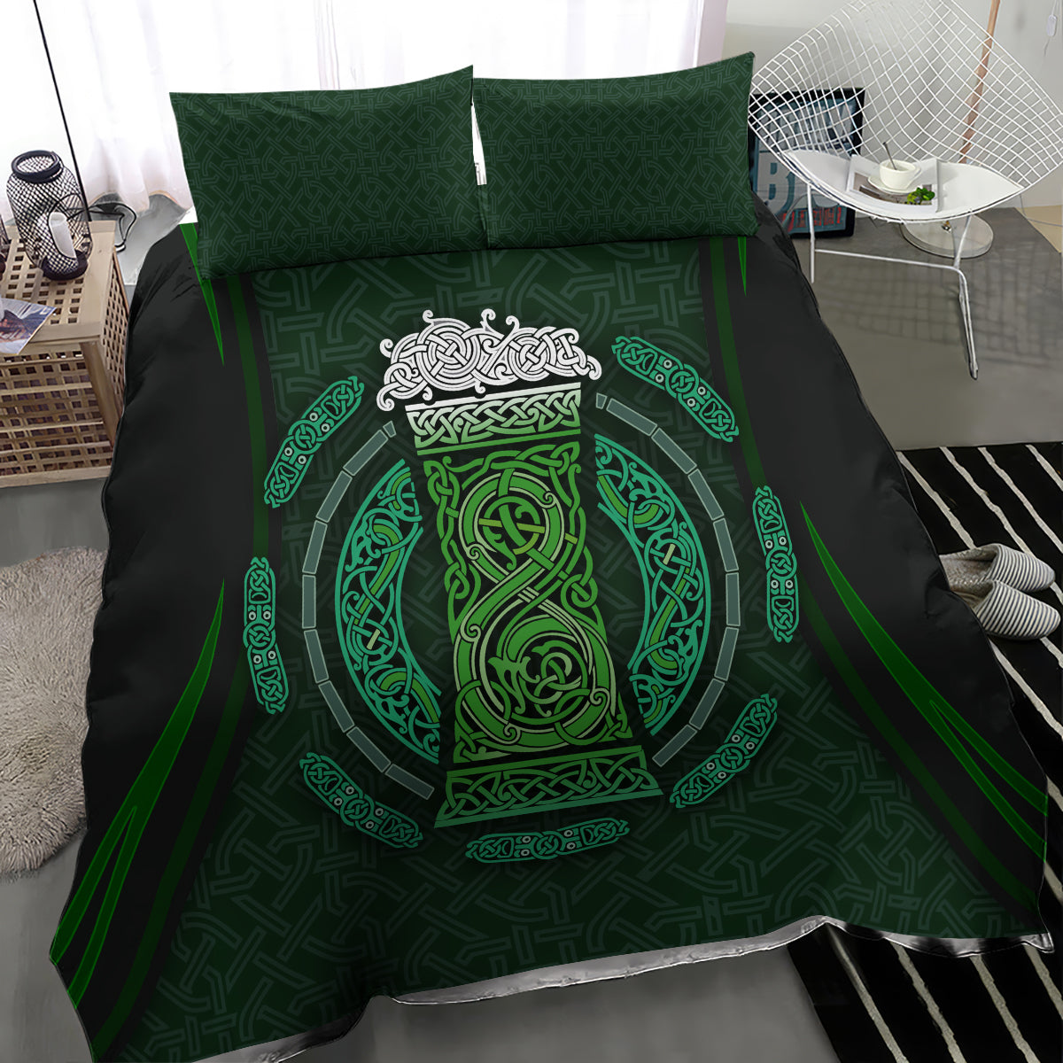 Black duvet cover with green Celtic circle beer cup motif, shown with two square pillowcases