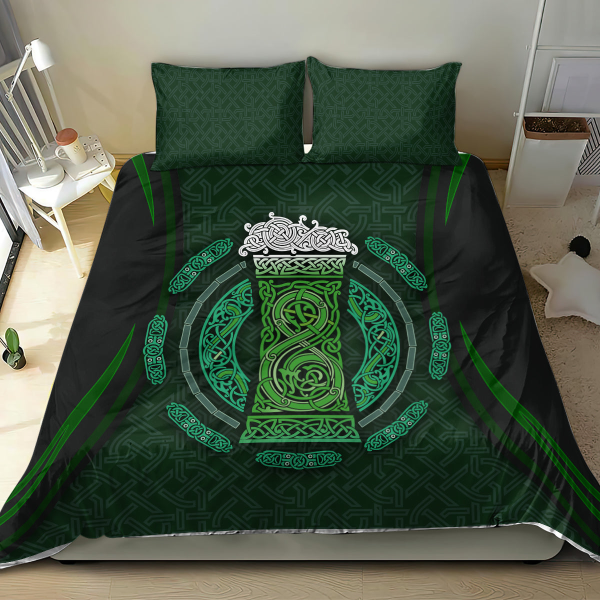 Black bedding set with green Celtic circle beer cup design and two pillowcases, full bed view