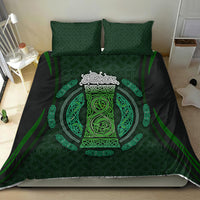 Black bedding set with green Celtic circle beer cup design and two pillowcases, full bed view