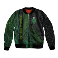 Unisex bomber jacket with full front zipper and green beer cup Celtic print panels