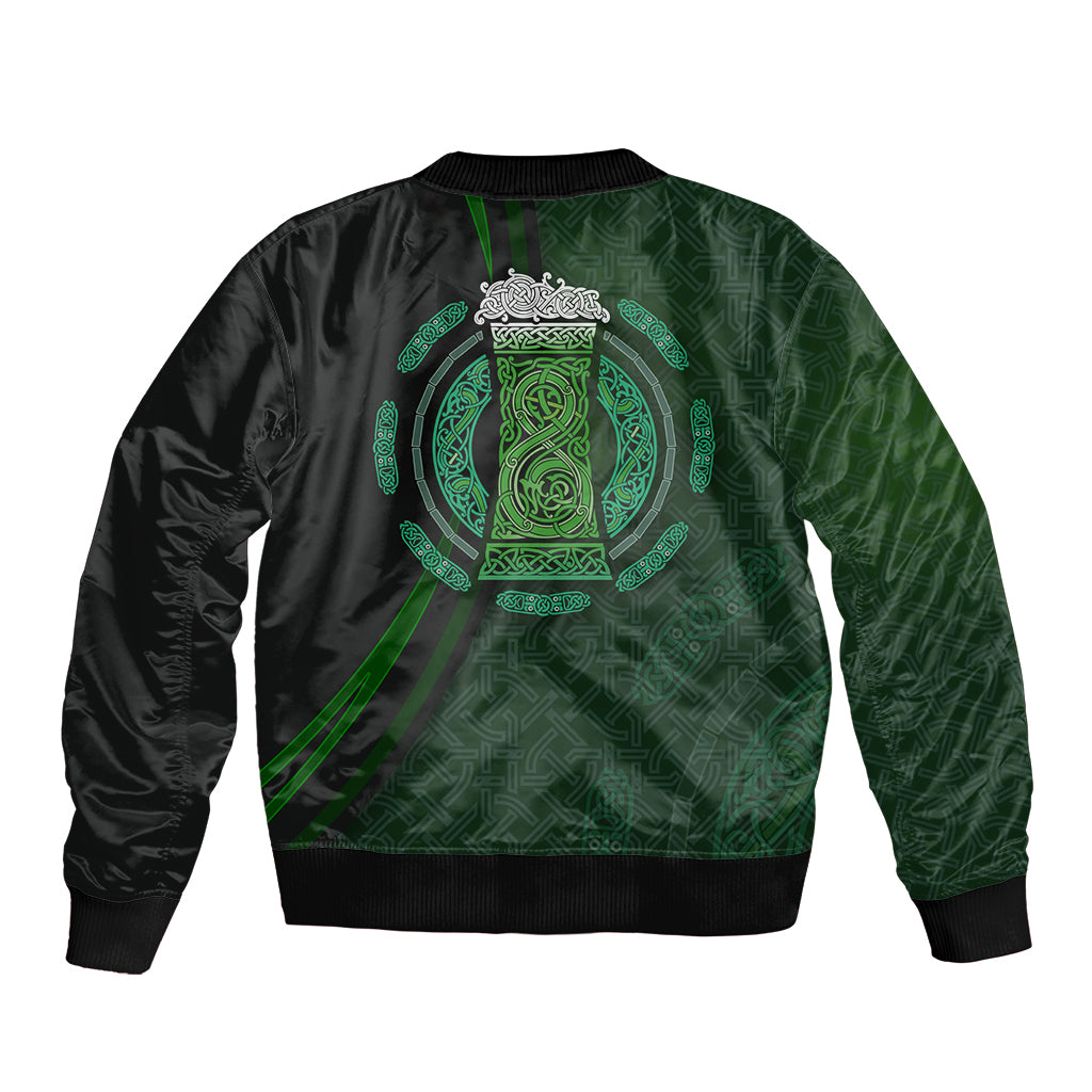 Unisex black bomber jacket with green beer cup Celtic circle back print