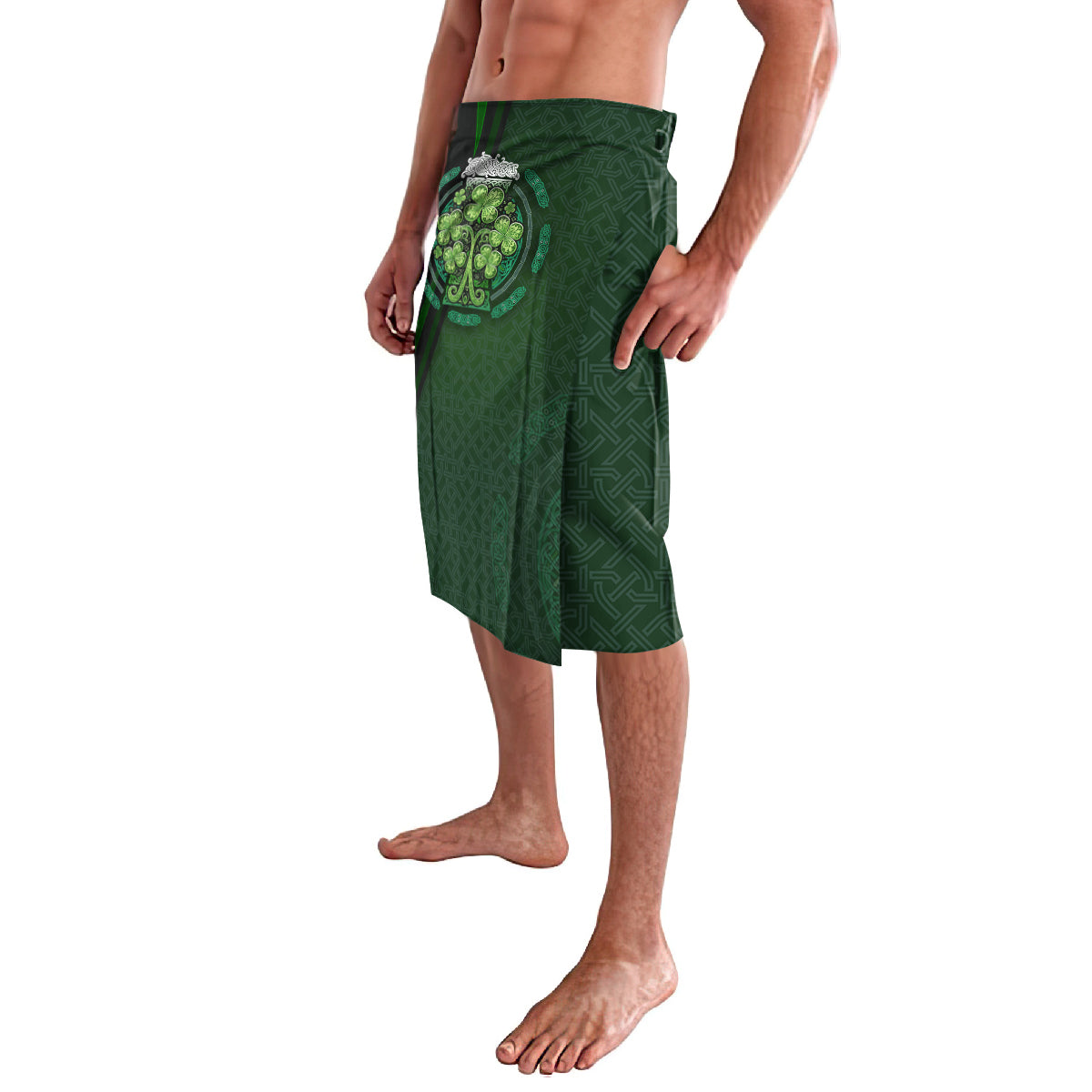 Green patterned lavalava with side drape and clover beer mug emblem