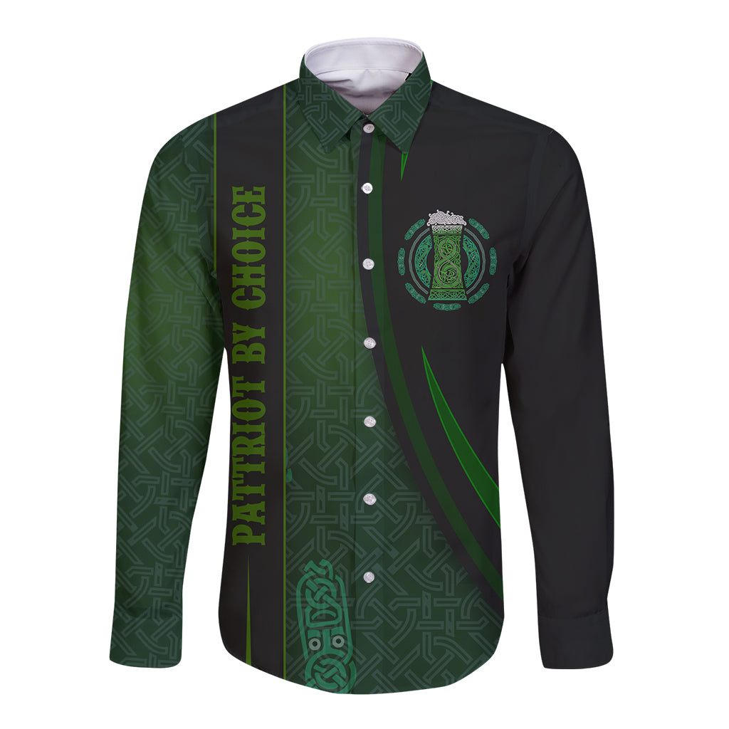 Long-sleeve button shirt with green patterned front, vertical text, and chest crest