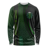 Unisex long-sleeve shirt with green vertical beer cup crest graphic on dark background