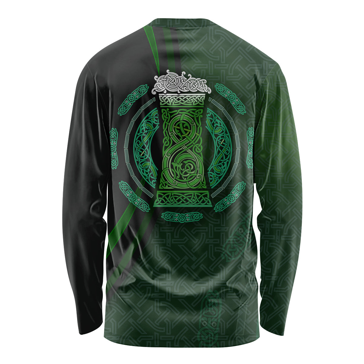 Unisex long-sleeve shirt with green celtic circle beer cup graphic on dark background