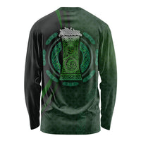 Unisex long-sleeve shirt with green celtic circle beer cup graphic on dark background