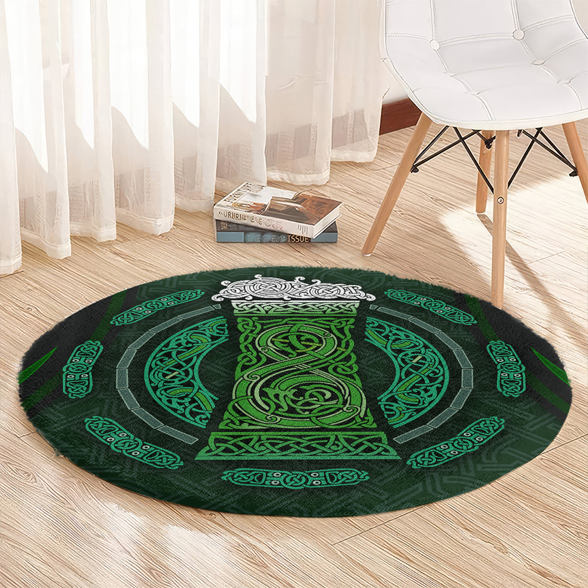 Round green rug with Celtic circle medallion pattern, near white chair