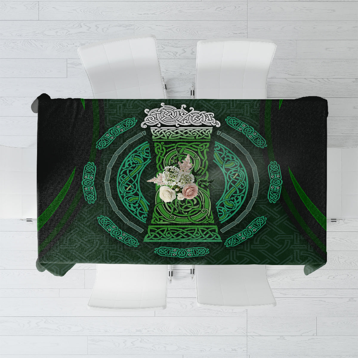Green tablecloth with Celtic circle and beer cup pattern, rectangular drape