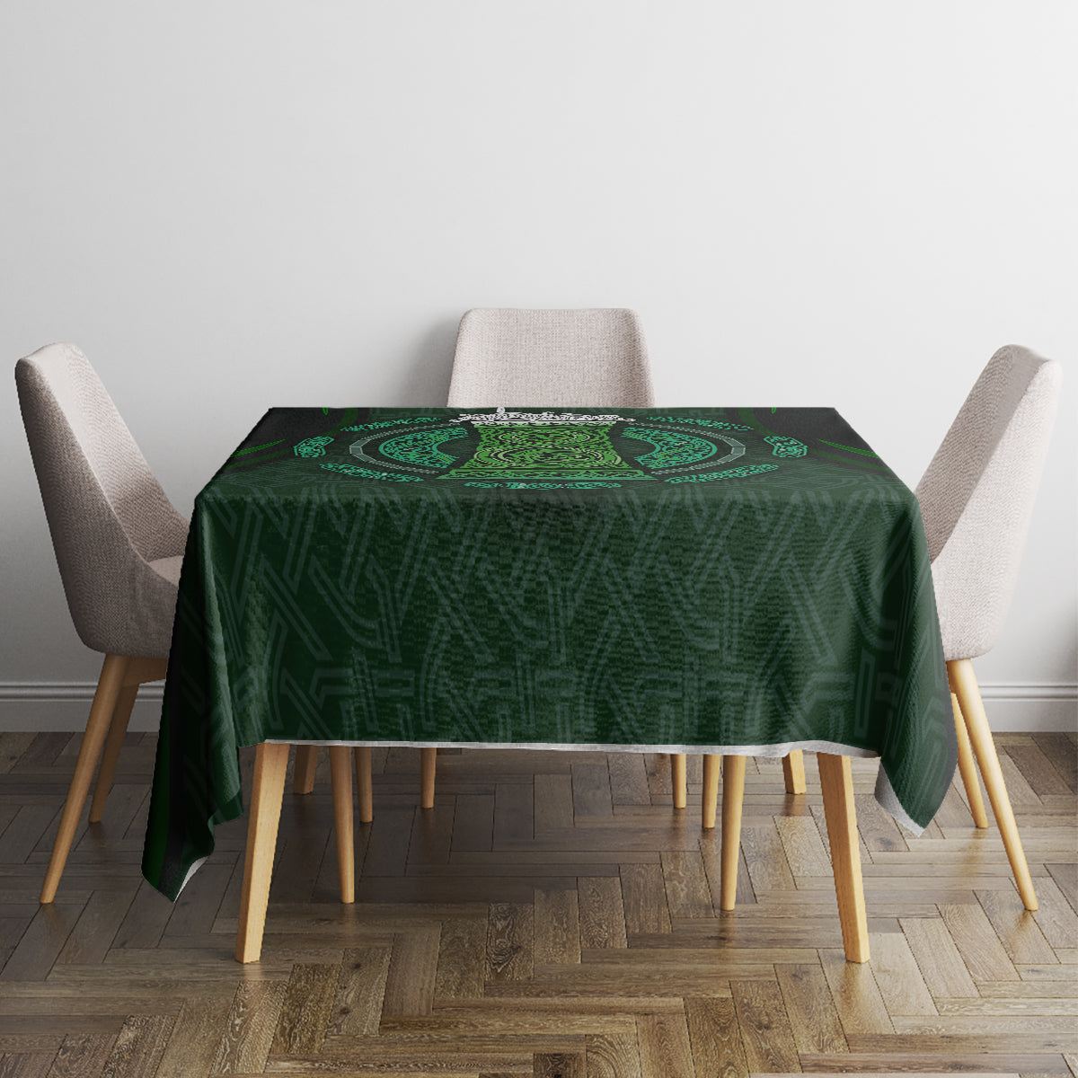 Green Celtic circle tablecloth with beer cup pattern, square dining table setup